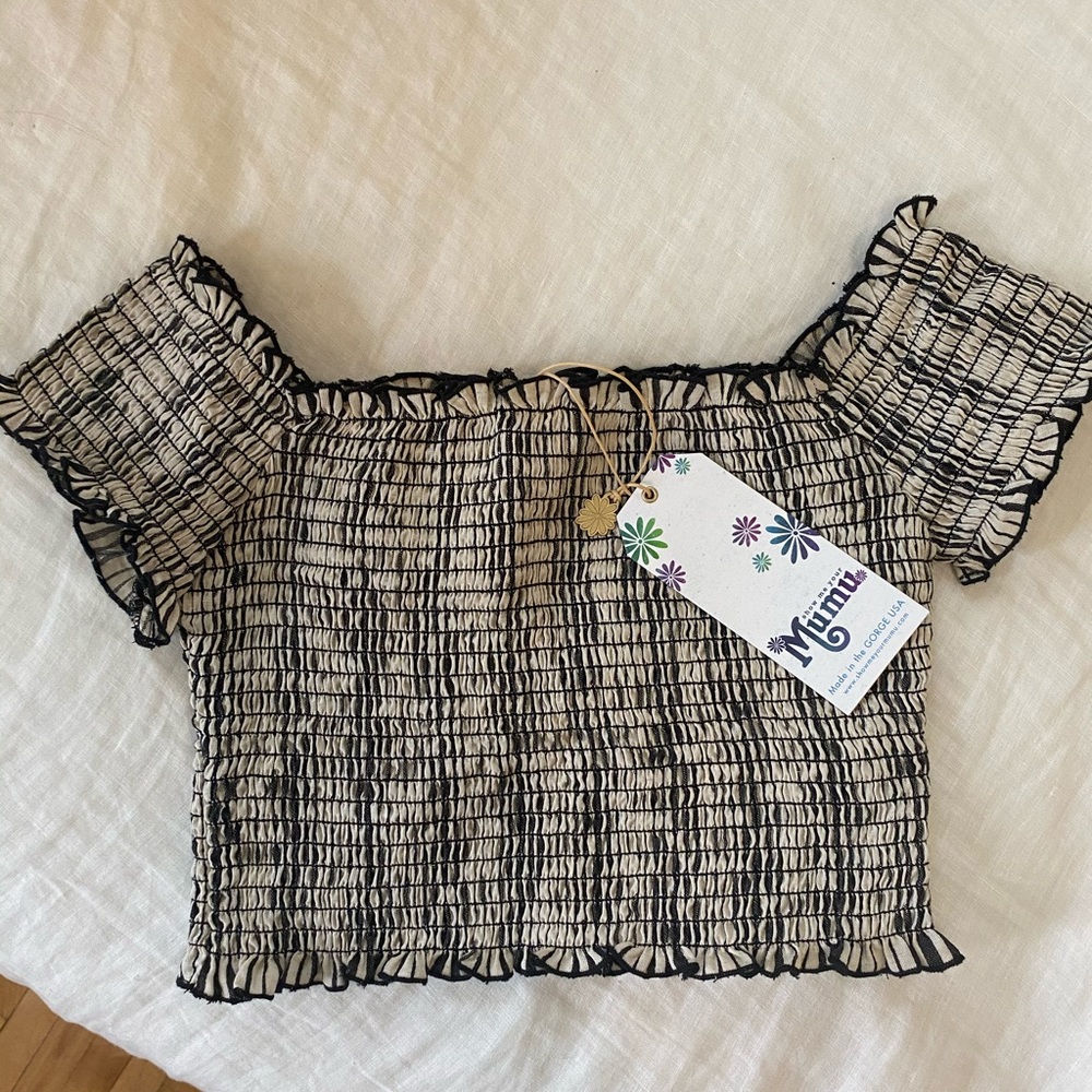 mumu smocked crop short-sleeve wide neck linen